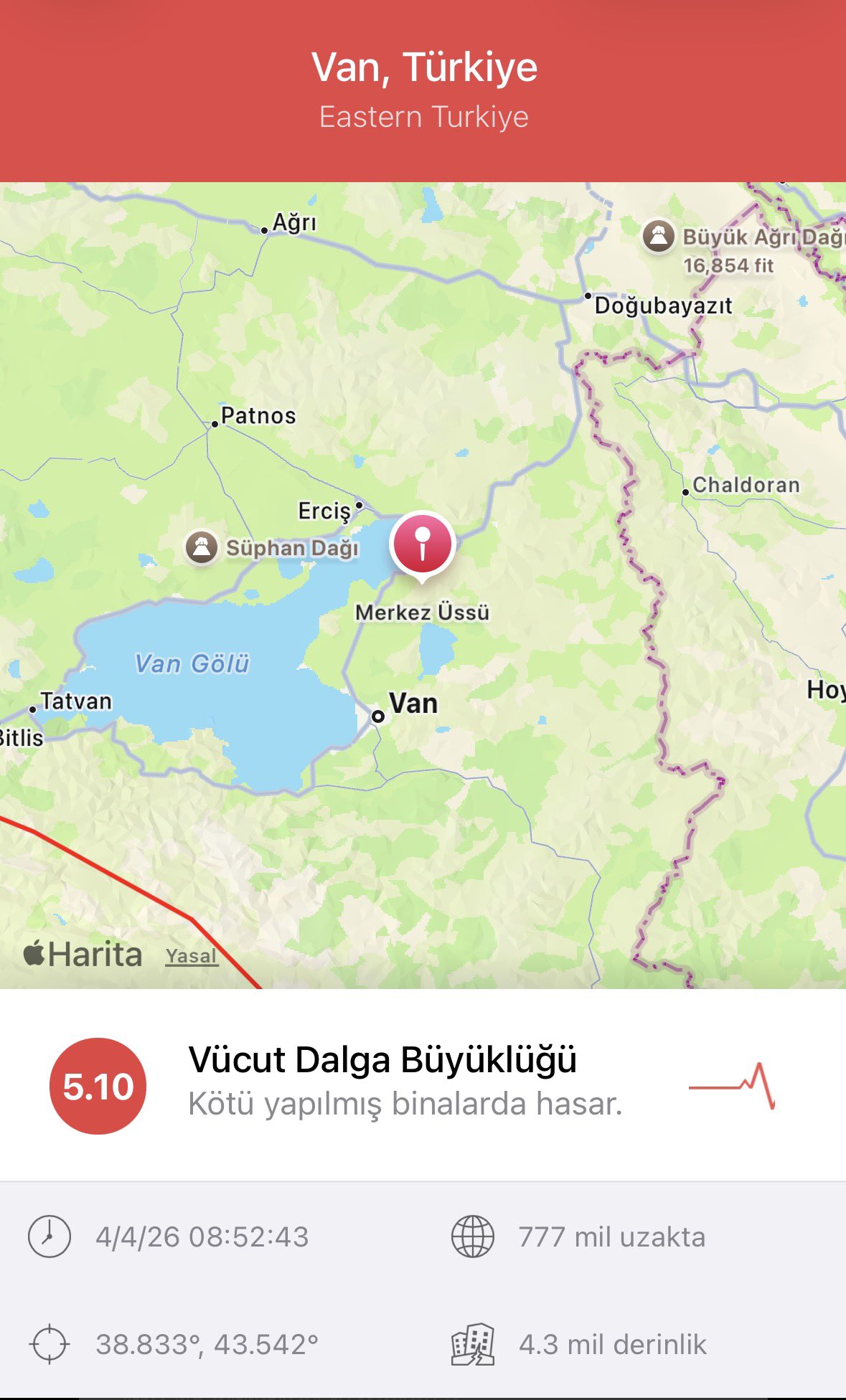 Van’da 5.2 büyüklüğünde deprem